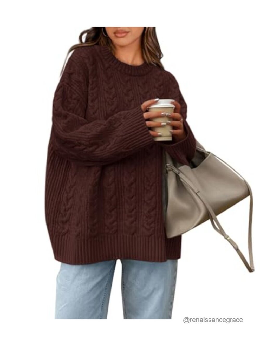 Oversized Cable Knit Crewneck Pullover Sweater Chunky Knit Cozy